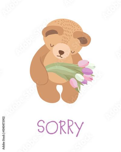 Sorry emotion. Teddy bear feeling really sorry. Apologize card.
