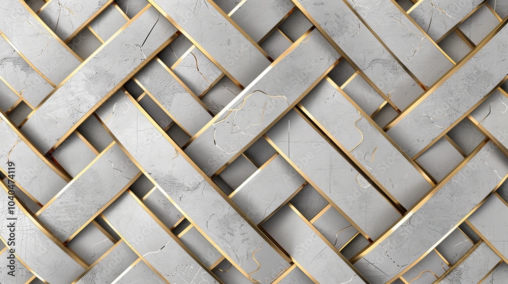 Abstract design showcasing interwoven geometric patterns with metallic gold accents on a textured gray background, blending modern style and sophistication seamlessly.