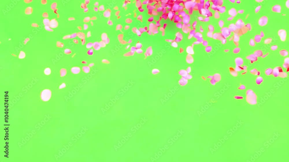 Falling pink confetti on a chroma key background. 3D rendering of animation. Video effect for celebration,party,gender reveal,girly,valentine's day and weddings. Green screen. Rain from pink particles Falling pink confetti on a chroma key background. 3D rendering of animation. Video effect for celebration,party,gender reveal,girly,valentine's day and weddings. Green screen. Rain from pink particles