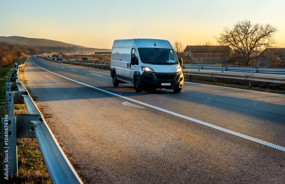 White cargo van at the open highway at sunset White cargo van at the open highway at sunset