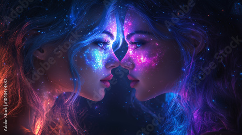 Gemini zodiac sign in modern style. Two beautiful girls with blue and purple hair, a double exposure effect, in a fantasy style world.