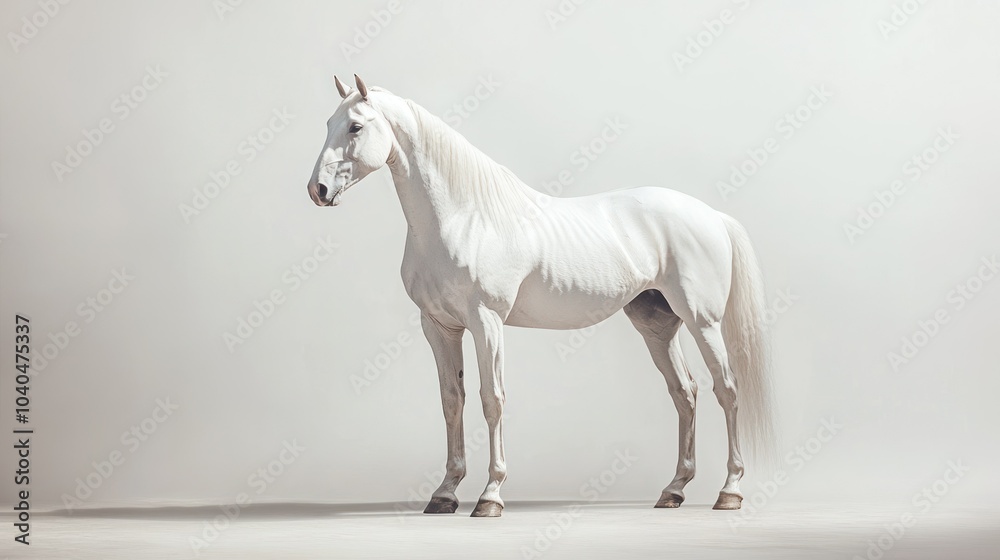 A Pure White Horse Stands Against a Light Grey Background A Pure White Horse Stands Against a Light Grey Background
