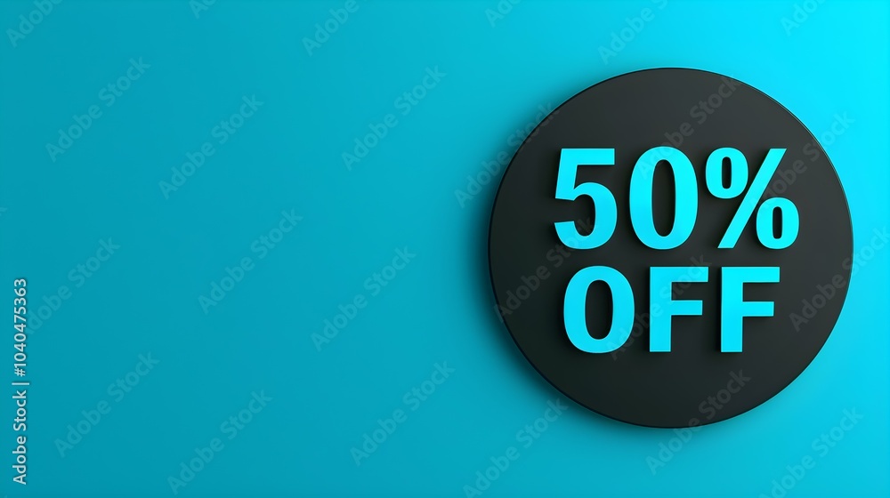 Black '50% OFF' Promotional Sign on a Cyan Background with Copy Space Black '50% OFF' Promotional Sign on a Cyan Background with Copy Space
