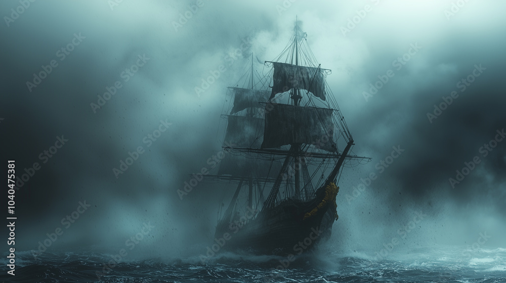 Ghost ship sailing through the stormy sea, with an eerie and mysterious atmosphere. Ghost ship sailing through the stormy sea, with an eerie and mysterious atmosphere.
