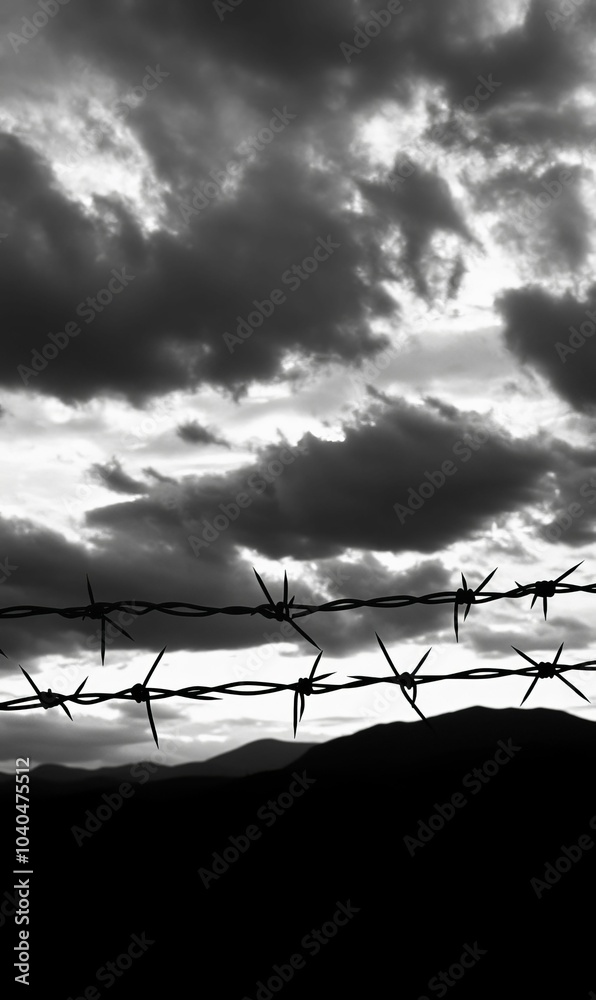 Silhouetted barbed wire against cloudy sky. Silhouetted barbed wire against cloudy sky.