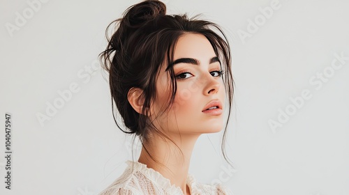 A high bun with loose strands framing the face, a casual and elegant hairstyle idea for women on the go.