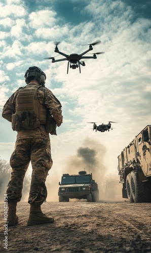 Military soldier, drones, vehicles, dust, cloudy sky.