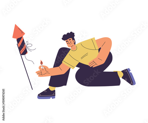Young Man Character Setting Off Firework Vector Illustration