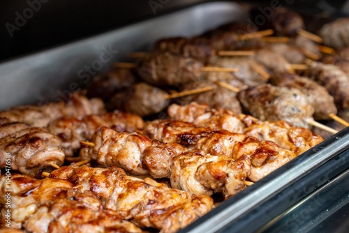 Small Kebabs in Metal Dish at Banquet photo