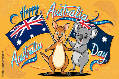 Poster of a kangaroo and koala holding an Australian flag with the words Happy Australia Day photo