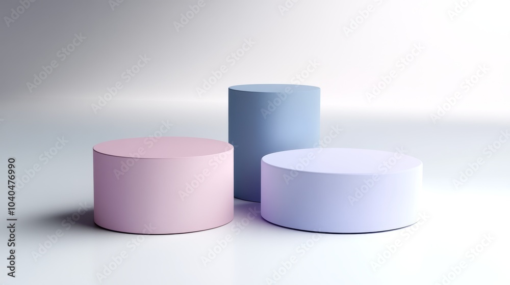 Three pastel-colored geometric cylinders with soft lighting, ideal for modern design, product display, or artistic presentations. Three pastel-colored geometric cylinders with soft lighting, ideal for modern design, product display, or artistic presentations.