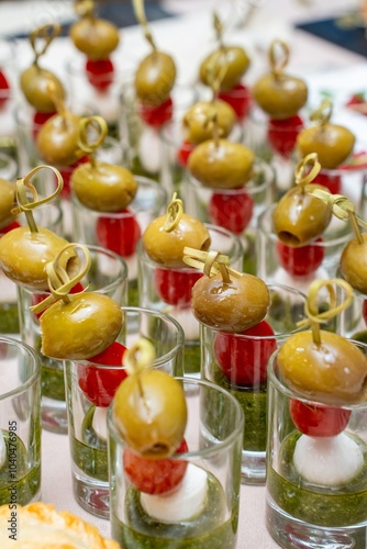 Olive, Tomato, and Mozzarella Canapés in Shot Glass photo