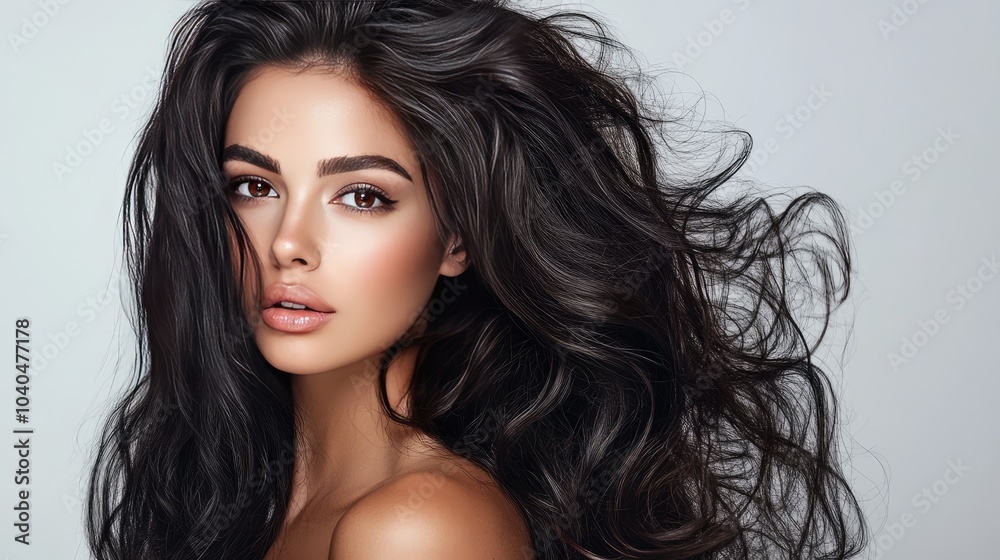 A woman with long, flowing, voluminous curls, styled effortlessly to enhance natural beauty and elegance.