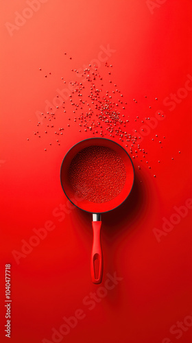 Red sieve with spices on vibrant red background, creative food styling. photo