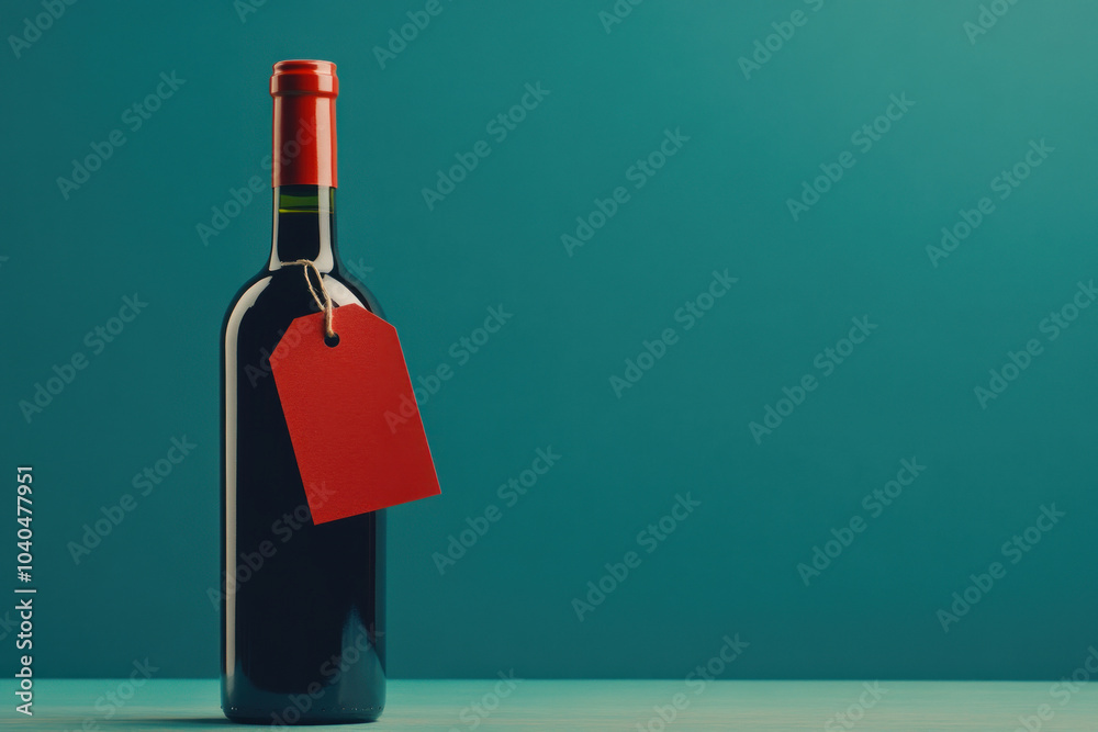 Naklejka premium Red wine bottle with a blank label on a teal background.