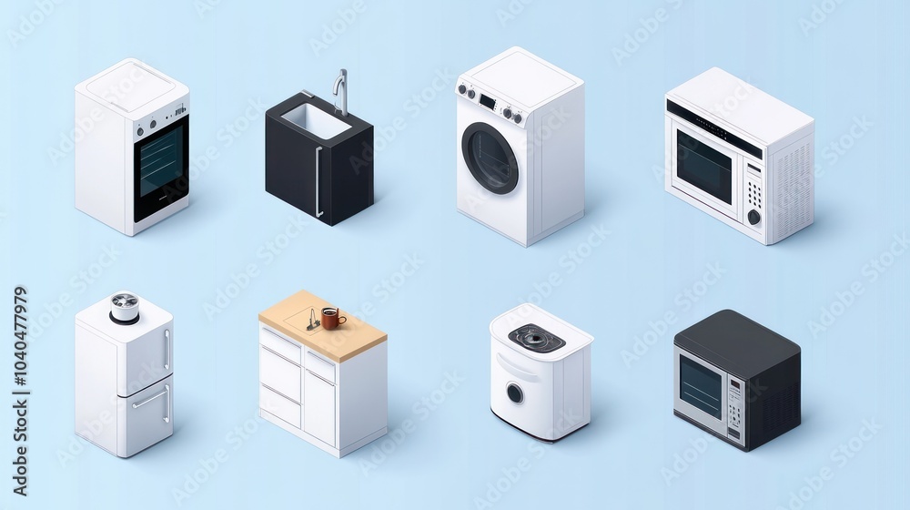 Isometric View of a Variety of Kitchen Appliances