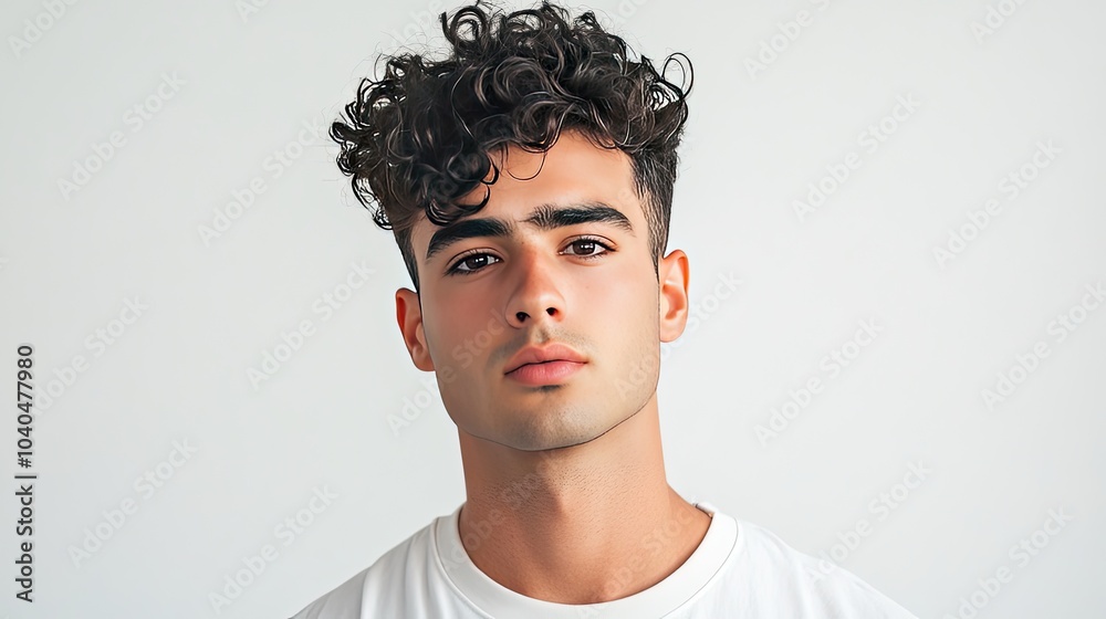 Obraz premium Curly top with tapered sides, a modern men's hairstyle showcasing natural texture, on a white background