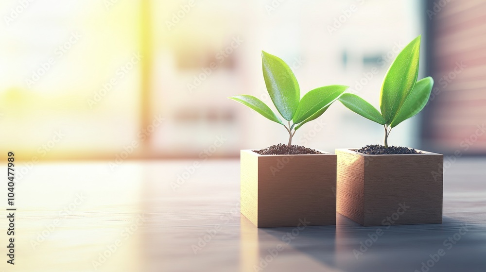 Two small green plants sprouting from soil in wooden pots, symbolizing growth and renewal in a bright, modern interior. Two small green plants sprouting from soil in wooden pots, symbolizing growth and renewal in a bright, modern interior.