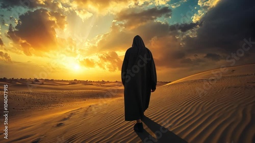 A lone figure walks across the desert sand dunes as the sun sets behind them