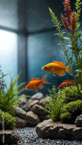 Two orange goldfish swimming gracefully in a vibrant aquascape filled with plants and rocks.