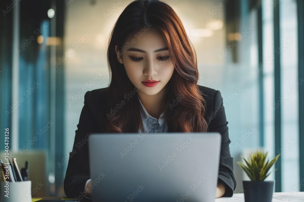 Asian businesswoman working on laptop in office Asian businesswoman working on laptop in office
