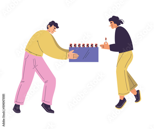 Young Man Character Setting Off Firework Vector Illustration