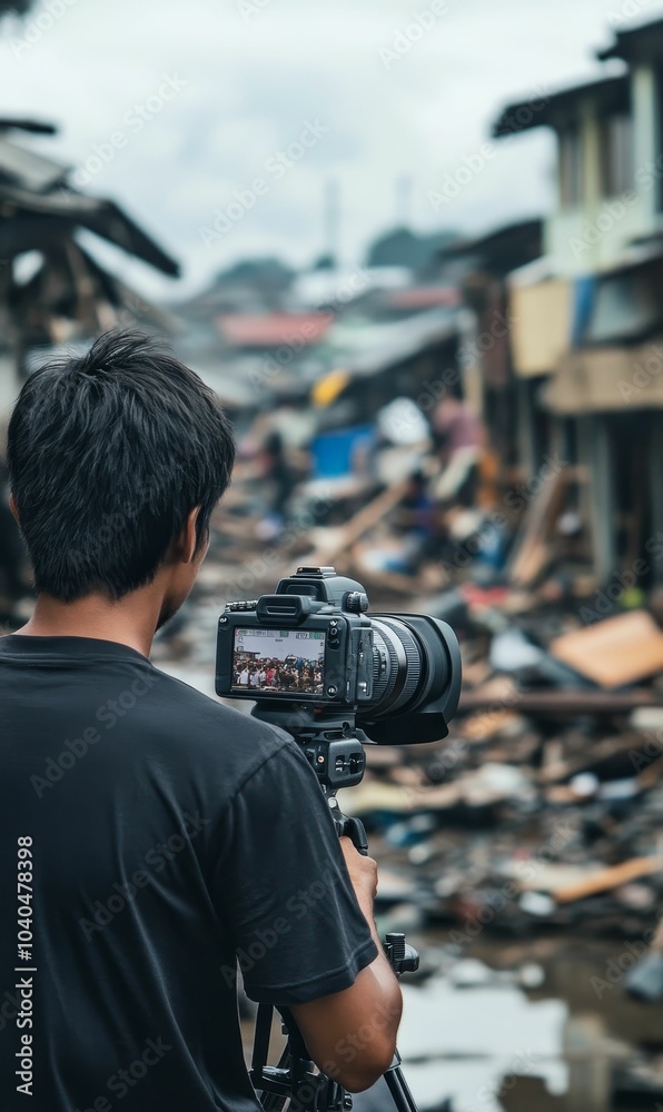 A man films a chaotic scene with a camera. A man films a chaotic scene with a camera.