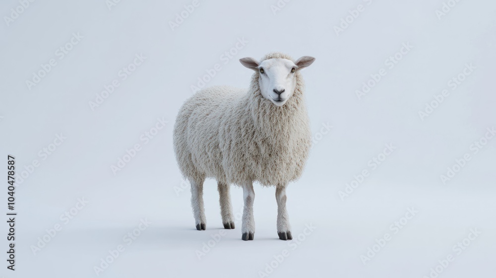 Fototapeta premium A Single White Sheep Standing on a White Background