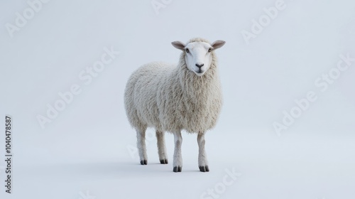 A Single White Sheep Standing on a White Background