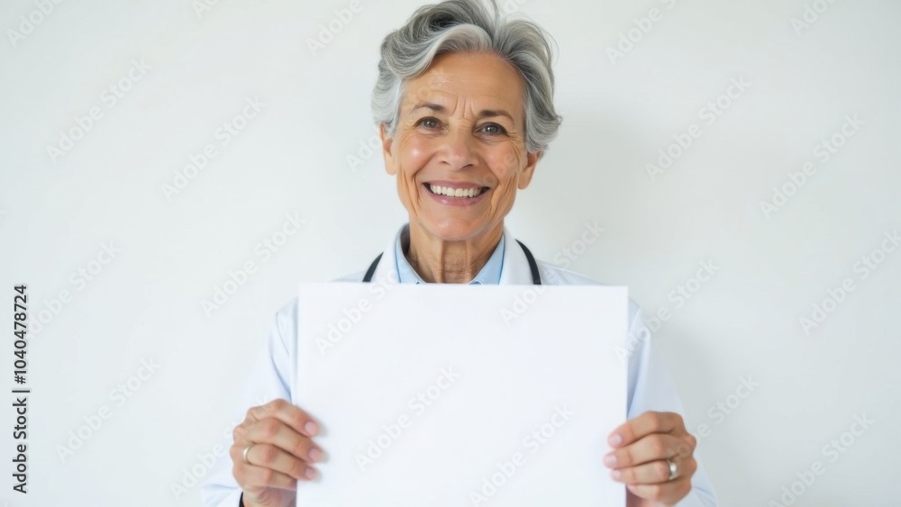 Smiling healthcare professional holding a blank sign, ready for communication in a well-lit clinic environment