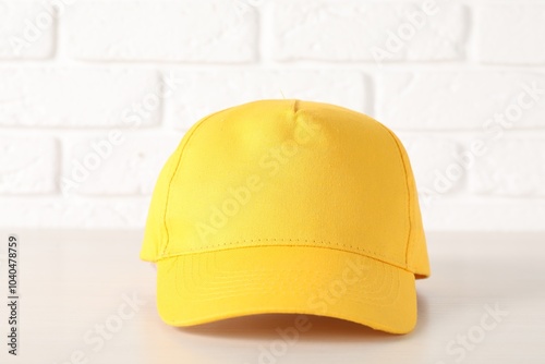 Photography Stylish yellow baseball cap on wooden table, closeup