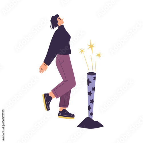 Young Woman Character Setting Off Firework Vector Illustration