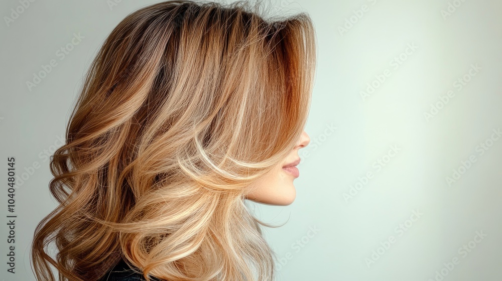 Trendy layered cut with soft curls, a chic hairstyle idea for women, set against a simple white background Trendy layered cut with soft curls, a chic hairstyle idea for women, set against a simple white background