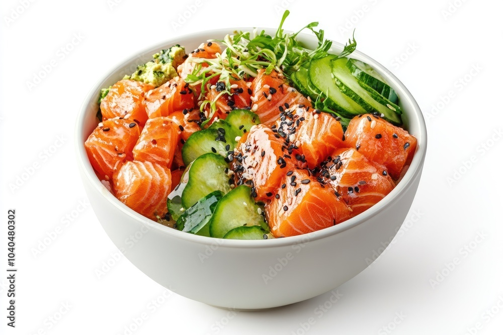 Salmon poke bowl isolated on white background. Side view. Salmon poke bowl isolated on white background. Side view.