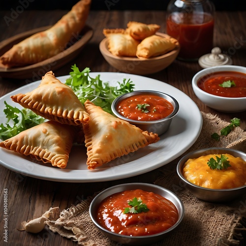 Samosas assortment with Tomato Sauce with some salad served