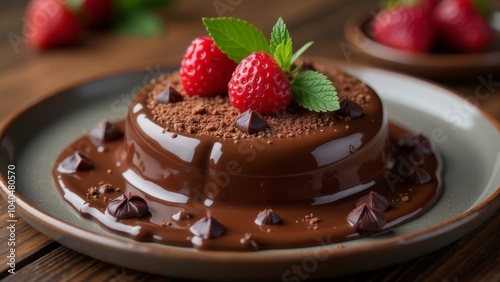 Brownie dessert drenched in hot chocolate and decorated with strawberries and mint leaves