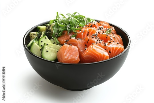 Salmon poke bowl isolated on white background. Side view.