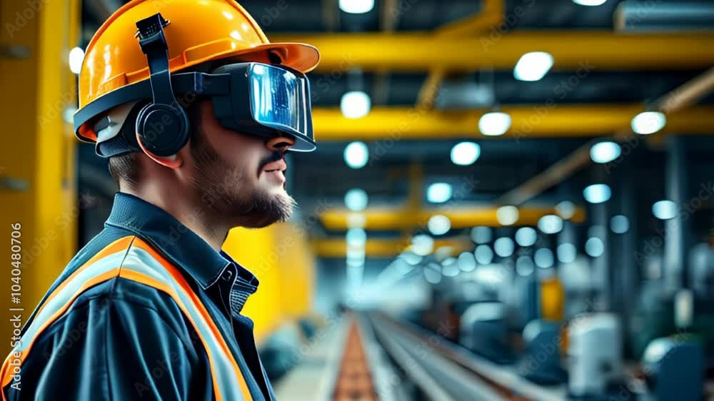 An industrial worker is using a virtual reality headset in a modern manufacturing facility An industrial worker is using a virtual reality headset in a modern manufacturing facility