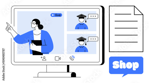 A virtual learning session with a teacher and students displayed on a computer screen with video communication icons. Paper document and a shop icon also visible. Ideal for online education