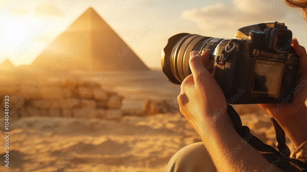 Fototapeta premium tourist holding a camera, capturing the ancient grandeur of the Great Pyramid