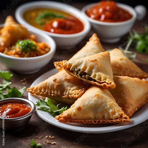 Samosas assortment with Tomato Sauce with some salad served