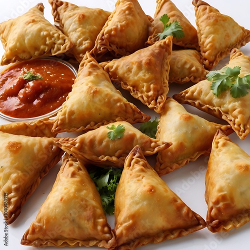 Samosas assortment with Tomato Sauce with some salad served