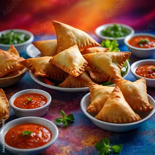 Samosas assortment with Tomato Sauce with some salad served