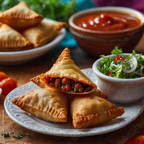 Samosas assortment with Tomato Sauce with some salad served