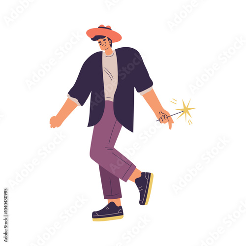 Young Man Character Setting Off Firework Vector Illustration