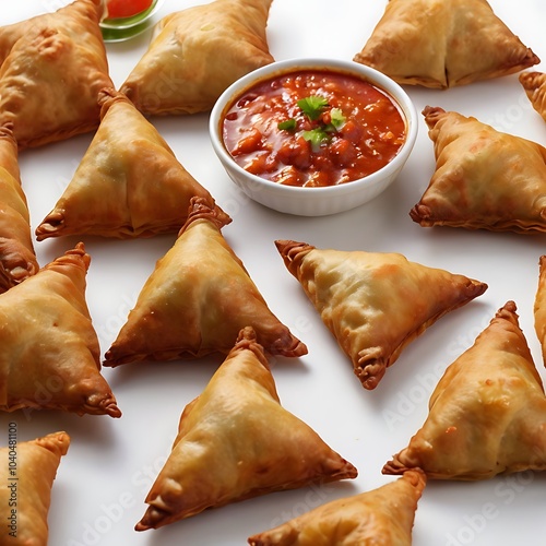 Samosas assortment with Tomato Sauce with some salad served