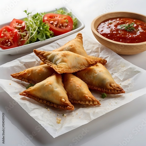 Samosas assortment with Tomato Sauce with some salad served