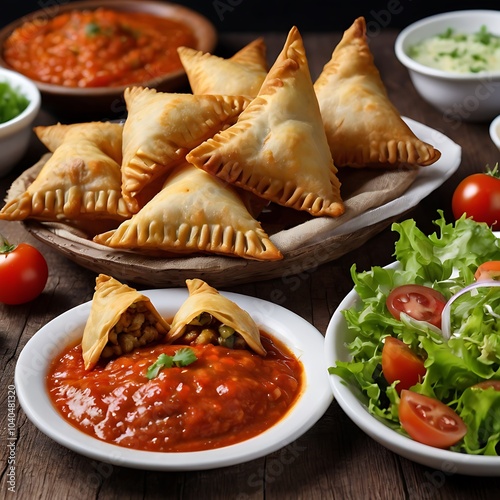 Samosas assortment with Tomato Sauce with some salad served