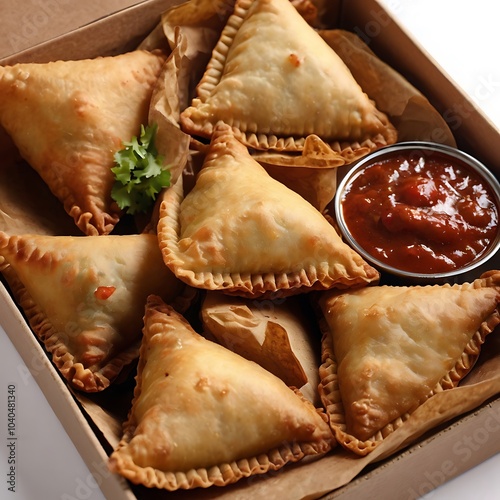 Samosas assortment with Tomato Sauce with some salad served