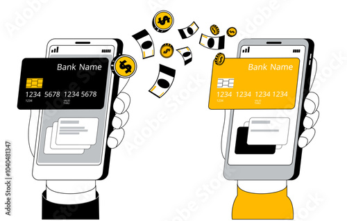 Hands with mobile phones transfer money from card to card. Illustration on the topic of quick transfers by phone number. Horizontal banner.